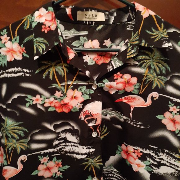 SSLR Black Coral Men's Flamingo Palm Tree Hawaiian Short Sleeve Shirt - Size 2XL - Picture 3 of 6